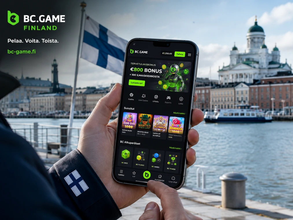 BC Game Finland mobiilisovellus käytössä liikkeellä Helsingissä